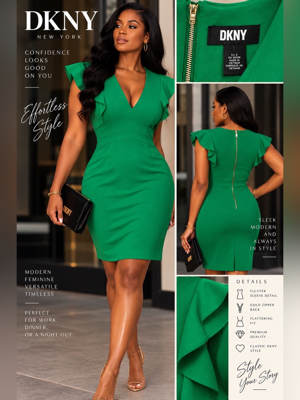 DKNY Emerald Green Flutter Sleeve V-Neck Sheath Dress size 2